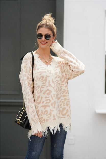 Creamtopmall Leopard V Neck Loose Sweater - Blanchedalmond