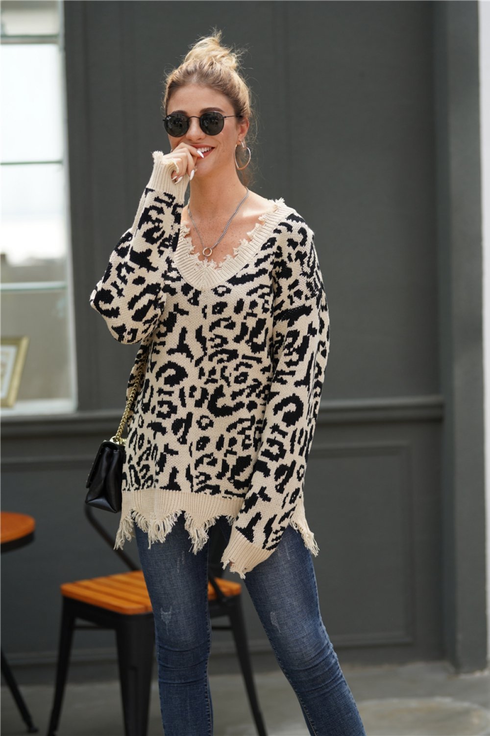 Creamtopmall Leopard V Neck Loose Sweater - Blanchedalmond