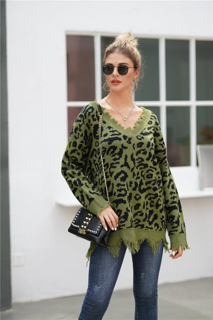 Creamtopmall Leopard V Neck Loose Sweater - Blanchedalmond