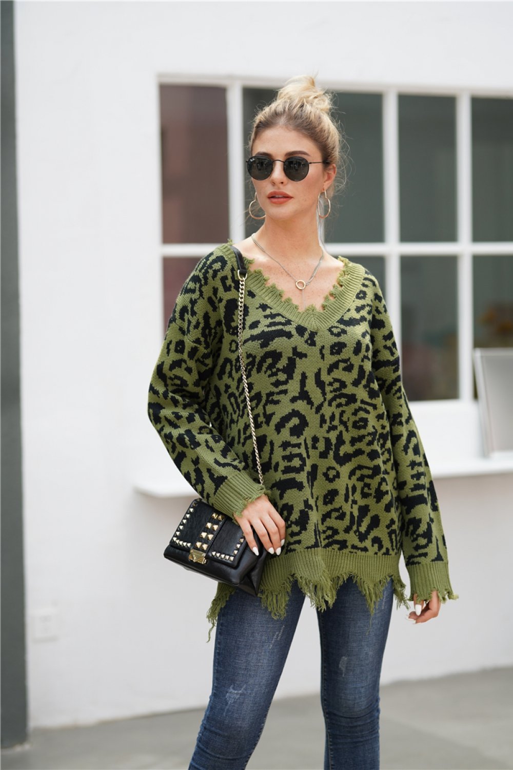 Creamtopmall Leopard V Neck Loose Sweater