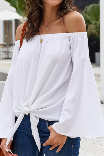 Creamtopmall Loose Off-the-shoulder Trumpet Sleeve Shirt