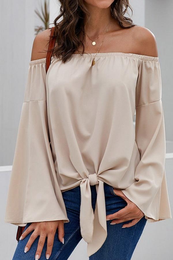 Creamtopmall Loose Off-the-shoulder Trumpet Sleeve Shirt