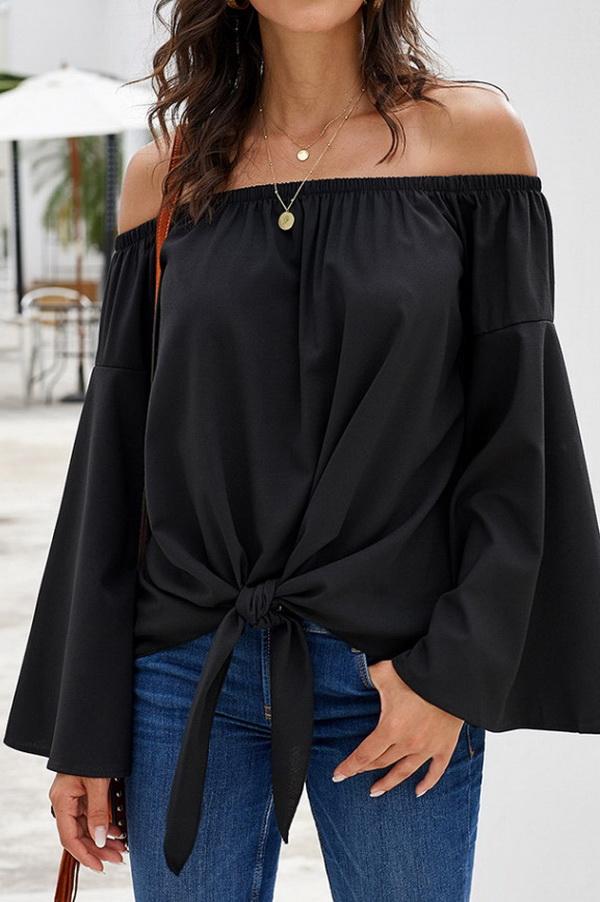 Creamtopmall Loose Off-the-shoulder Trumpet Sleeve Shirt