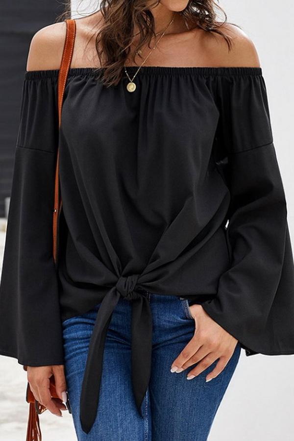 Creamtopmall Loose Off-the-shoulder Trumpet Sleeve Shirt