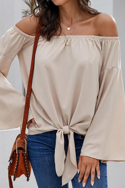 Creamtopmall Loose Off-the-shoulder Trumpet Sleeve Shirt