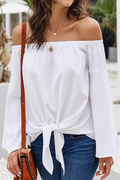 Creamtopmall Loose Off-the-shoulder Trumpet Sleeve Shirt