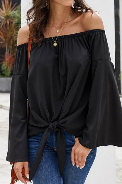 Creamtopmall Loose Off-the-shoulder Trumpet Sleeve Shirt