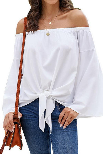 Creamtopmall Loose Off-the-shoulder Trumpet Sleeve Shirt