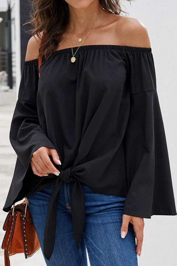 Creamtopmall Loose Off-the-shoulder Trumpet Sleeve Shirt