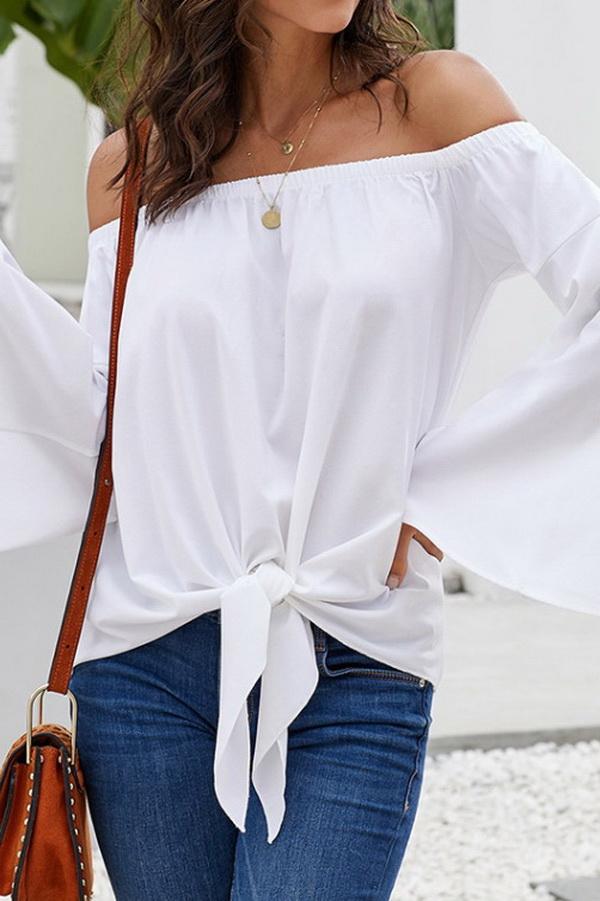 Creamtopmall Loose Off-the-shoulder Trumpet Sleeve Shirt