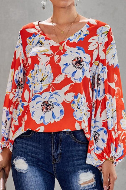 Creamtopmall Loose Printed V-neck Lantern Sleeve Top