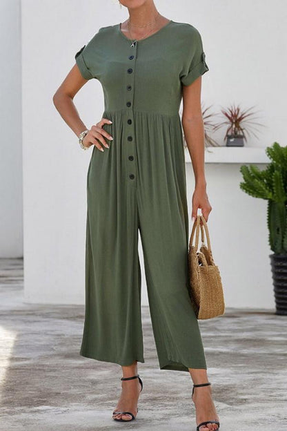 creamtopmall Loose Single-breasted Short-sleeved Jumpsuit