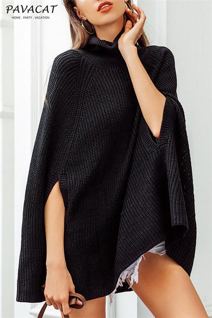 Creamtopmall Mellow Diamond Turtleneck Cloak Pullover - Black