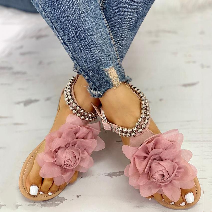 Creamtopmall Mesh Floral Embellished Beaded Flat Sandals