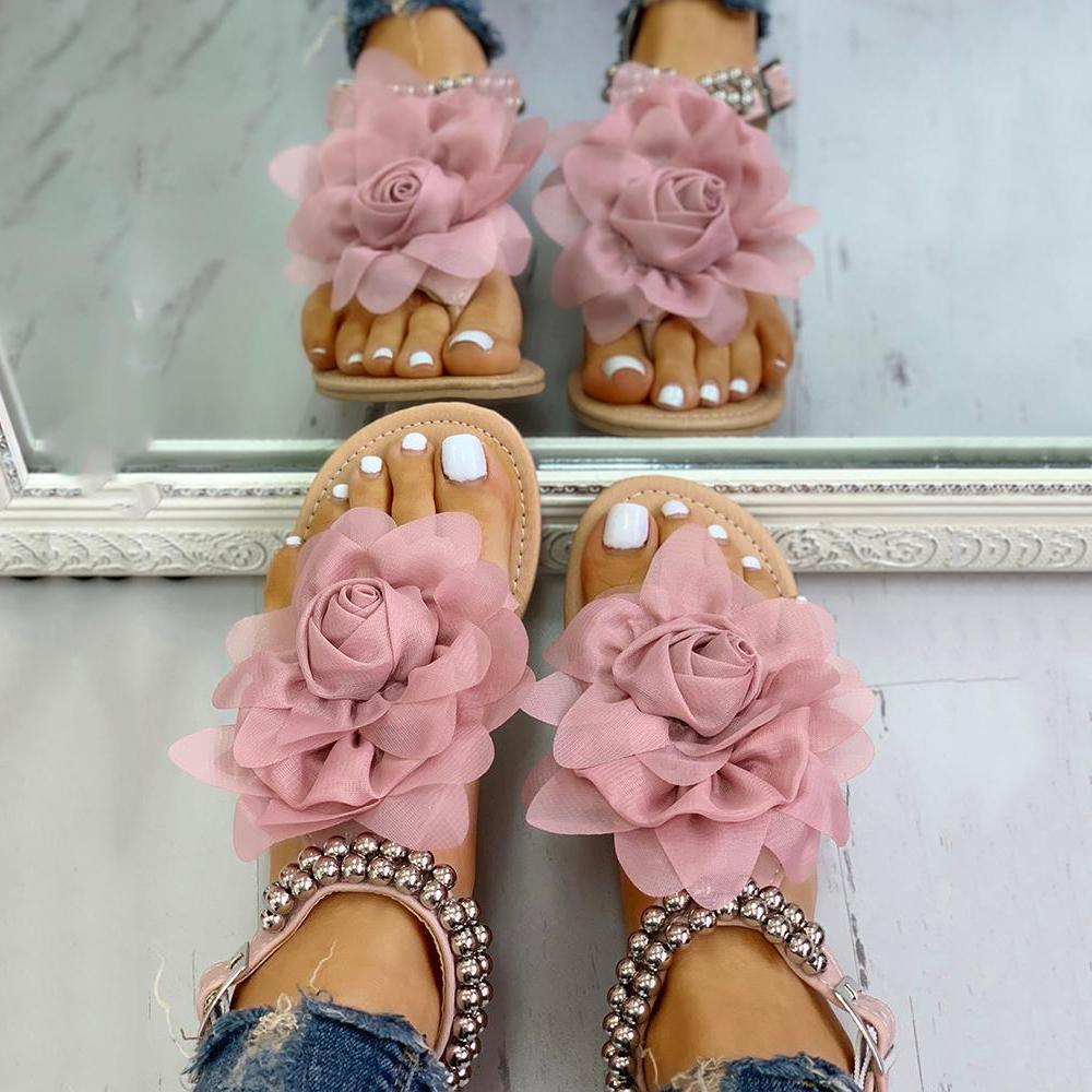 Creamtopmall Mesh Floral Embellished Beaded Flat Sandals