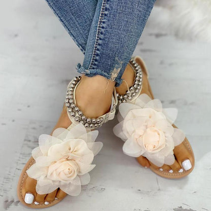 Creamtopmall Mesh Floral Embellished Beaded Flat Sandals