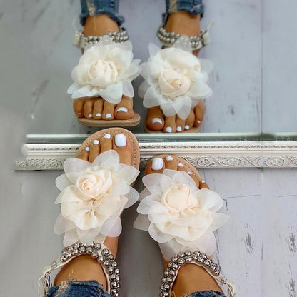 Creamtopmall Mesh Floral Embellished Beaded Flat Sandals