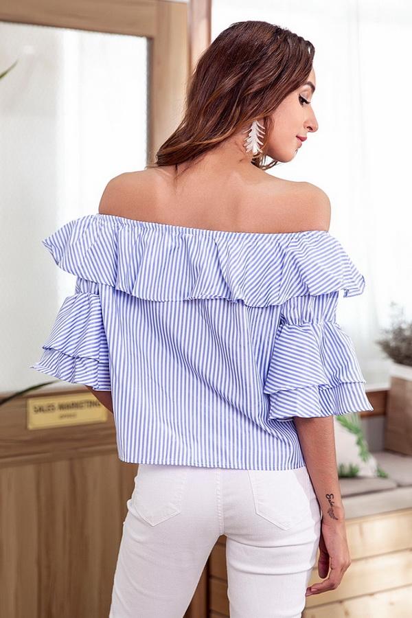 Creamtopmall Off Shoulder Flounce Single Breasted Shirt