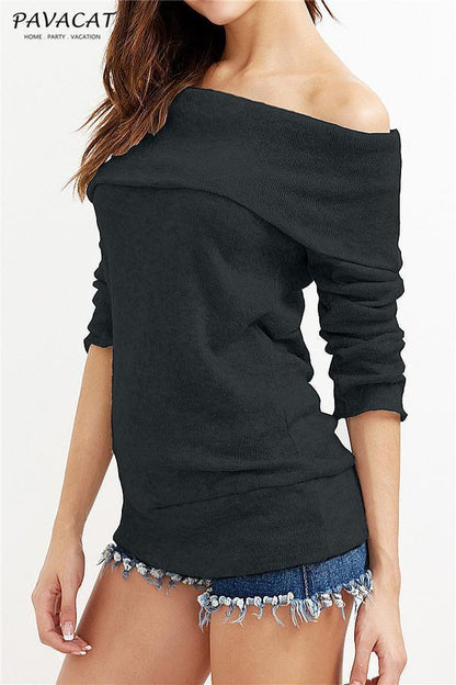 Creamtopmall Off Shoulder Side Split Dipped Hem Knit Jumper