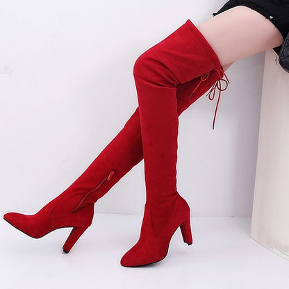 creamtopmall Autumn Boots  Women's Boots Plus Size Heel Boots Daily Over The Knee Boots Crotch High Boots Winter Lace-up Chunky Heel Pointed Toe Sweet Suede Loafer Solid Colored Black Red Gray