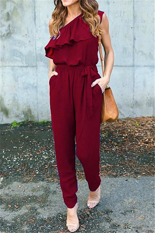 creamtopmall One Shoulder Ruffle Jumpsuit