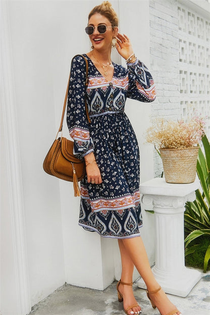 Creamtopmall Paisley V Neck Long-sleeved Dress