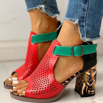 Creamtopmall Party Print Block High Heels Sandals