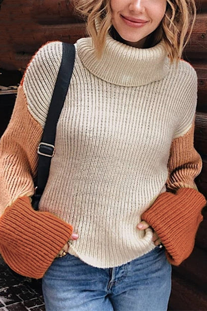 Creamtopmall Patchwork Turtleneck Casual Knitted Pullover