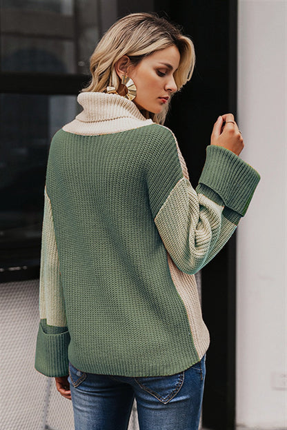 Creamtopmall Patchwork Turtleneck Casual Knitted Pullover