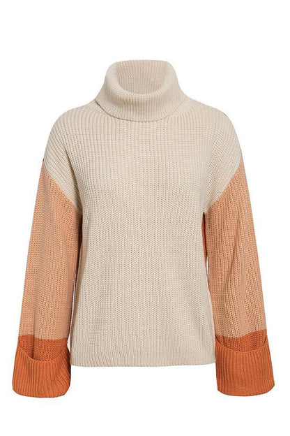 Creamtopmall Patchwork Turtleneck Casual Knitted Pullover