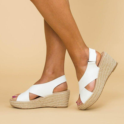 Creamtopmall Peep Toe Magic Tape Wedges Crossed Sandals