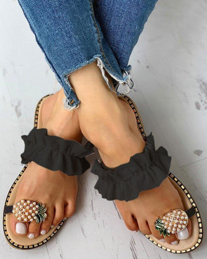 Creamtopmall Pineapple Pearl Flat Toe Beach Sandals