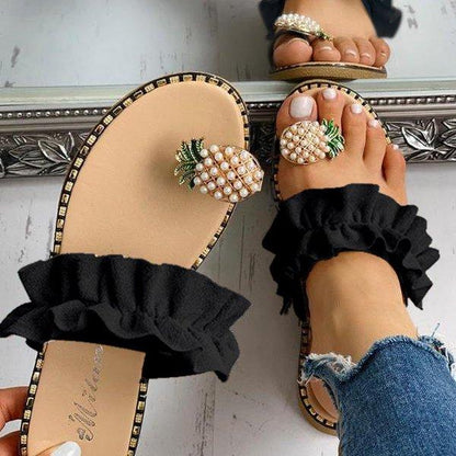 Creamtopmall Pineapple Pearl Flat Toe Beach Sandals