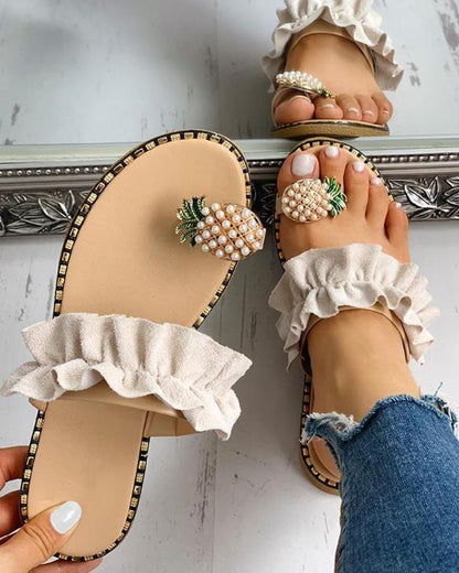 Creamtopmall Pineapple Pearl Flat Toe Beach Sandals