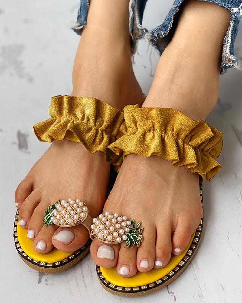 Creamtopmall Pineapple Pearl Flat Toe Beach Sandals