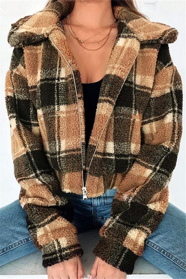 Creamtopmall Plaid Faux Fur Cropped Biker Down Jacket