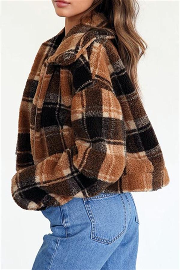 Creamtopmall Plaid Faux Fur Cropped Biker Down Jacket