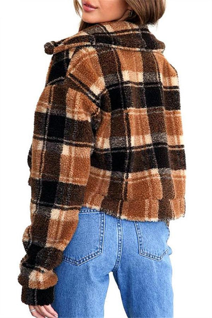 Creamtopmall Plaid Faux Fur Cropped Biker Down Jacket