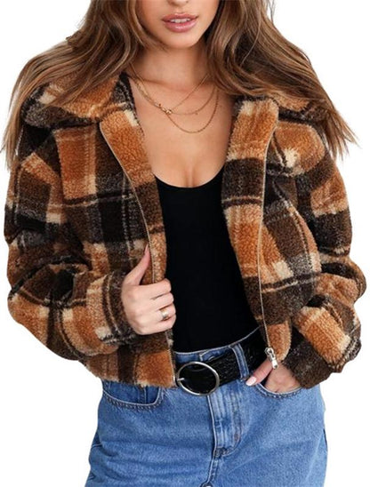 Creamtopmall Plaid Faux Fur Cropped Biker Down Jacket