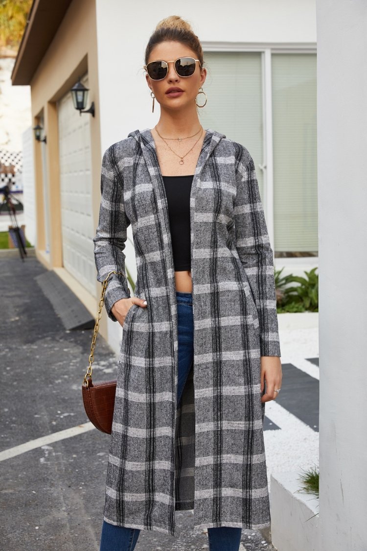 Creamtopmall Plaid Tweed Hoodied Coat