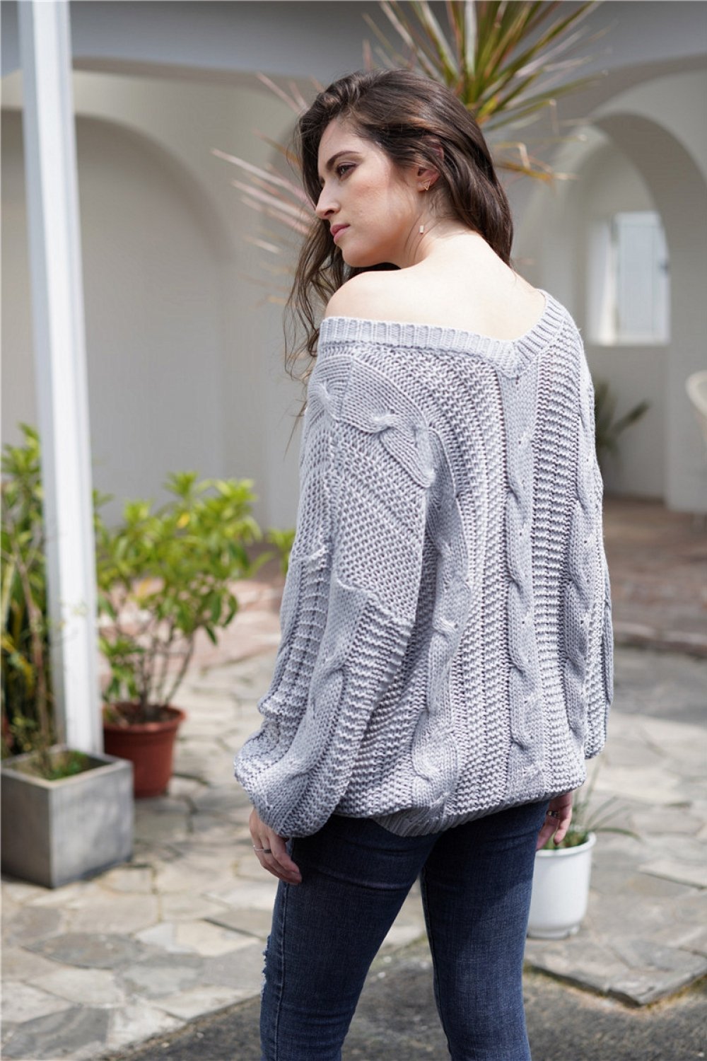 Creamtopmall Plain Cable Knit Loose Sweater