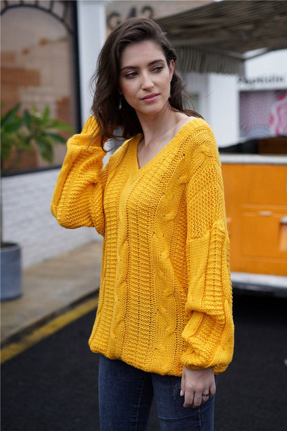 Creamtopmall Plain Cable Knit Loose Sweater - Yellow