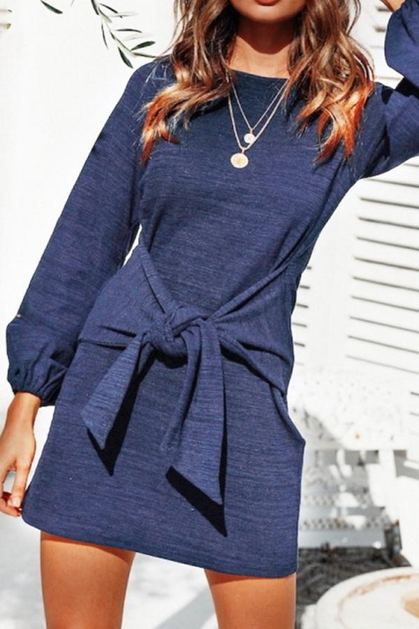 Creamtopmall Plain Cinched Long Sleeve Dress