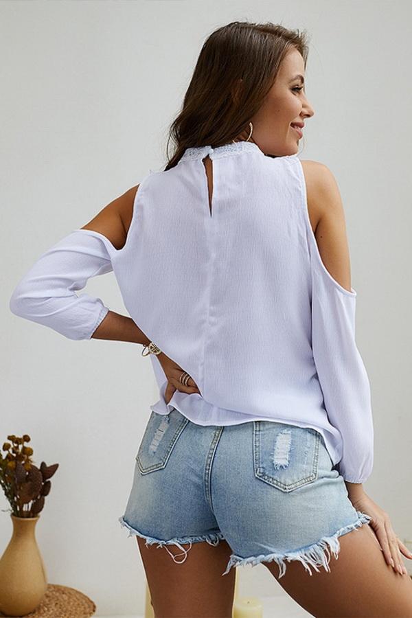 Creamtopmall Plain Cold Shoulder Lace Blouse