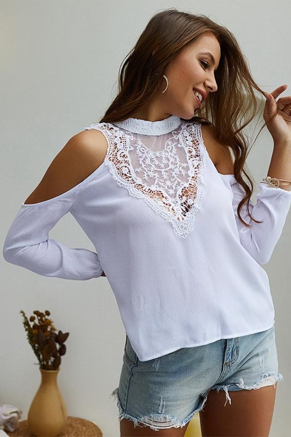 Creamtopmall Plain Cold Shoulder Lace Blouse