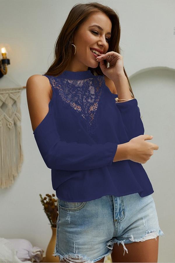 Creamtopmall Plain Cold Shoulder Lace Blouse