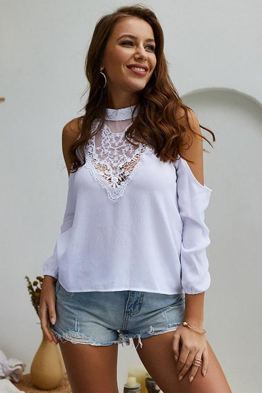 Creamtopmall Plain Cold Shoulder Lace Blouse