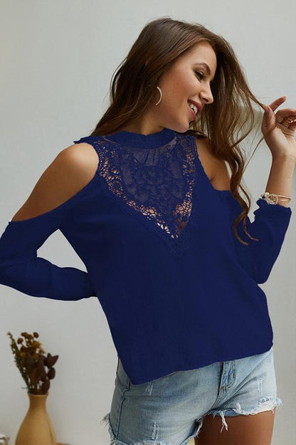 Creamtopmall Plain Cold Shoulder Lace Blouse