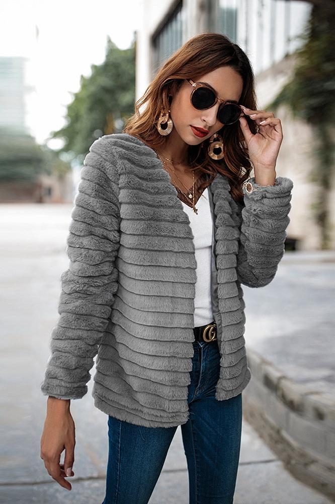 Creamtopmall Plain Elegant Faux Fur Coat