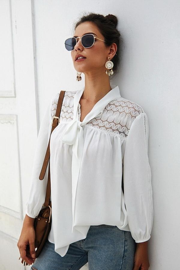 Creamtopmall Plain Long-sleeved Chiffon Blouse